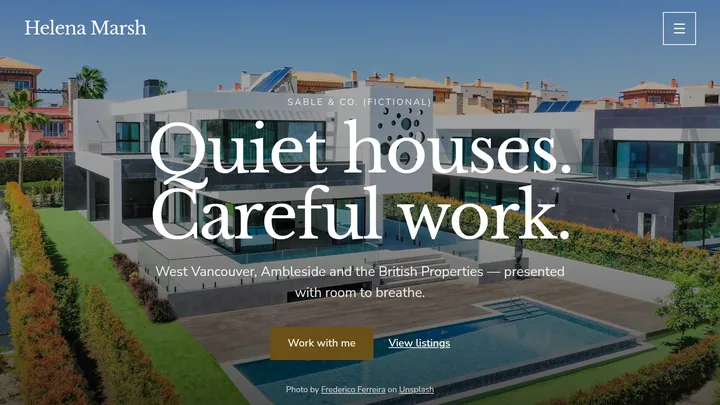 Helena Marsh’s Luxe theme agent website, with a West Vancouver home and the headline Quiet houses. Careful work.