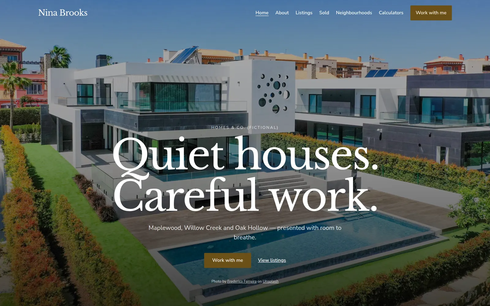 Nina Brooks’s sample agent website in the Luxe theme